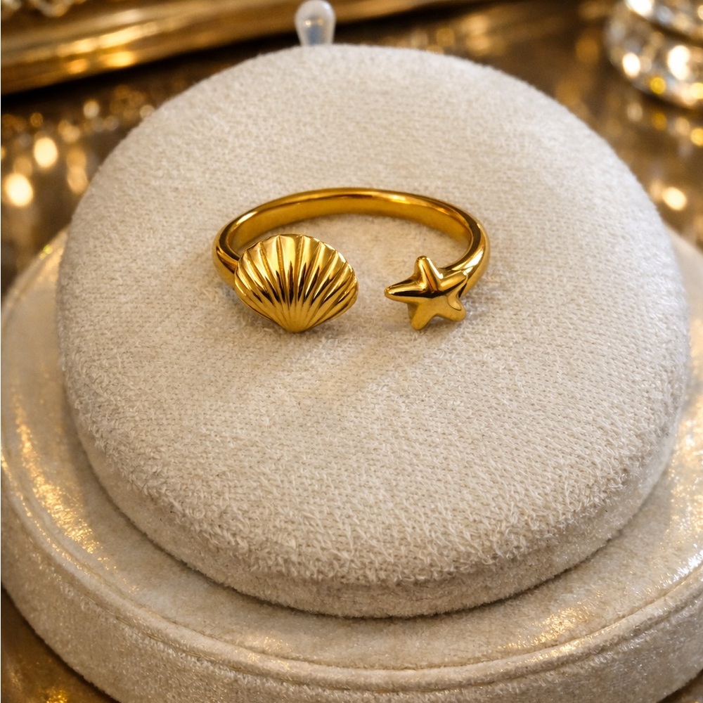 Gold Beach Ring Shell Starfish Adjustable Jewelry